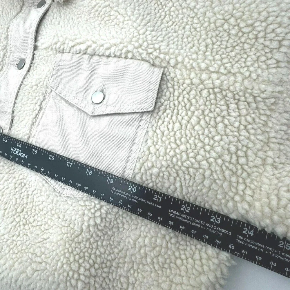ZARA Women's Large Shearling Cream Beige Denim Trucker Biker Jacket Pockets Coat